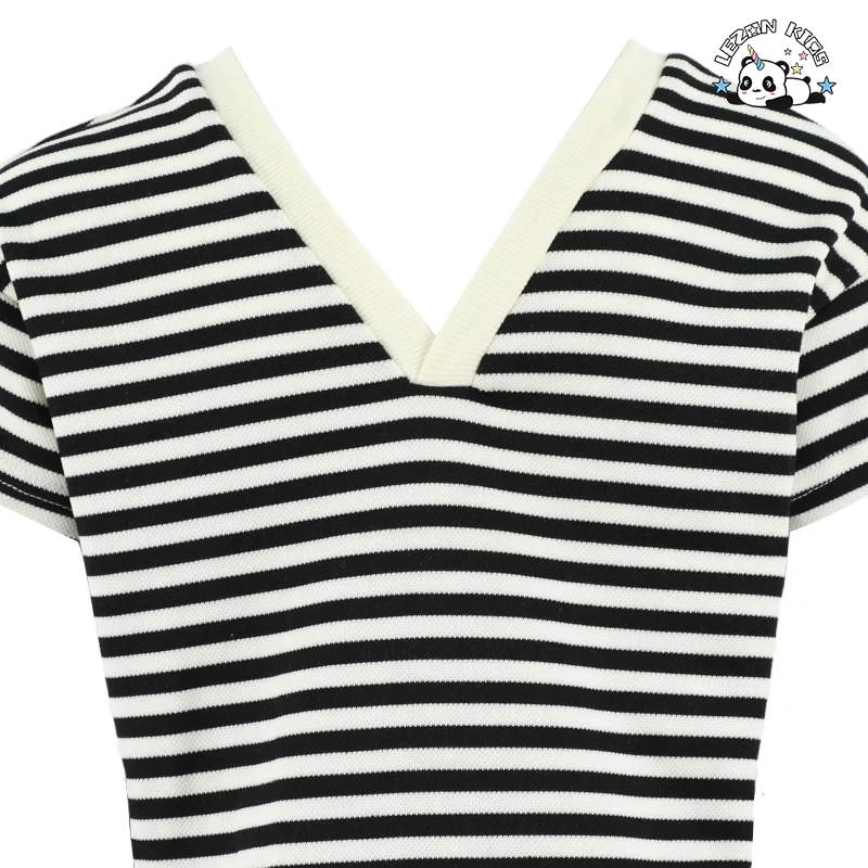 LEZONKIDS - Conjuntos de Roupas para Meninas Pequenas Camisa com Laço de Decote em V Conjunto de Meninas com Listras Curtas Atacado de Fábrica MOQ Baixo Conjunto de Roupas para Crianças Personalizado